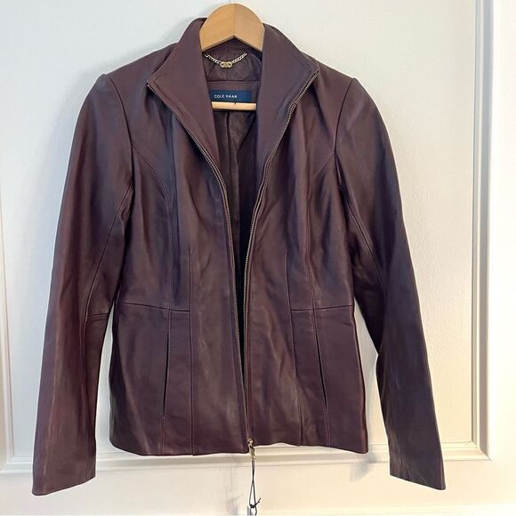 Cole Haan Wing Collar Lambskin Leather Jacket, in Chianti Womens Size XS, NWT - Picture 3 of 12